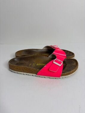 Birkenstock Sandals Womens 37 6 Madrid Pink Neon Birko Flor Faux Leather Slides